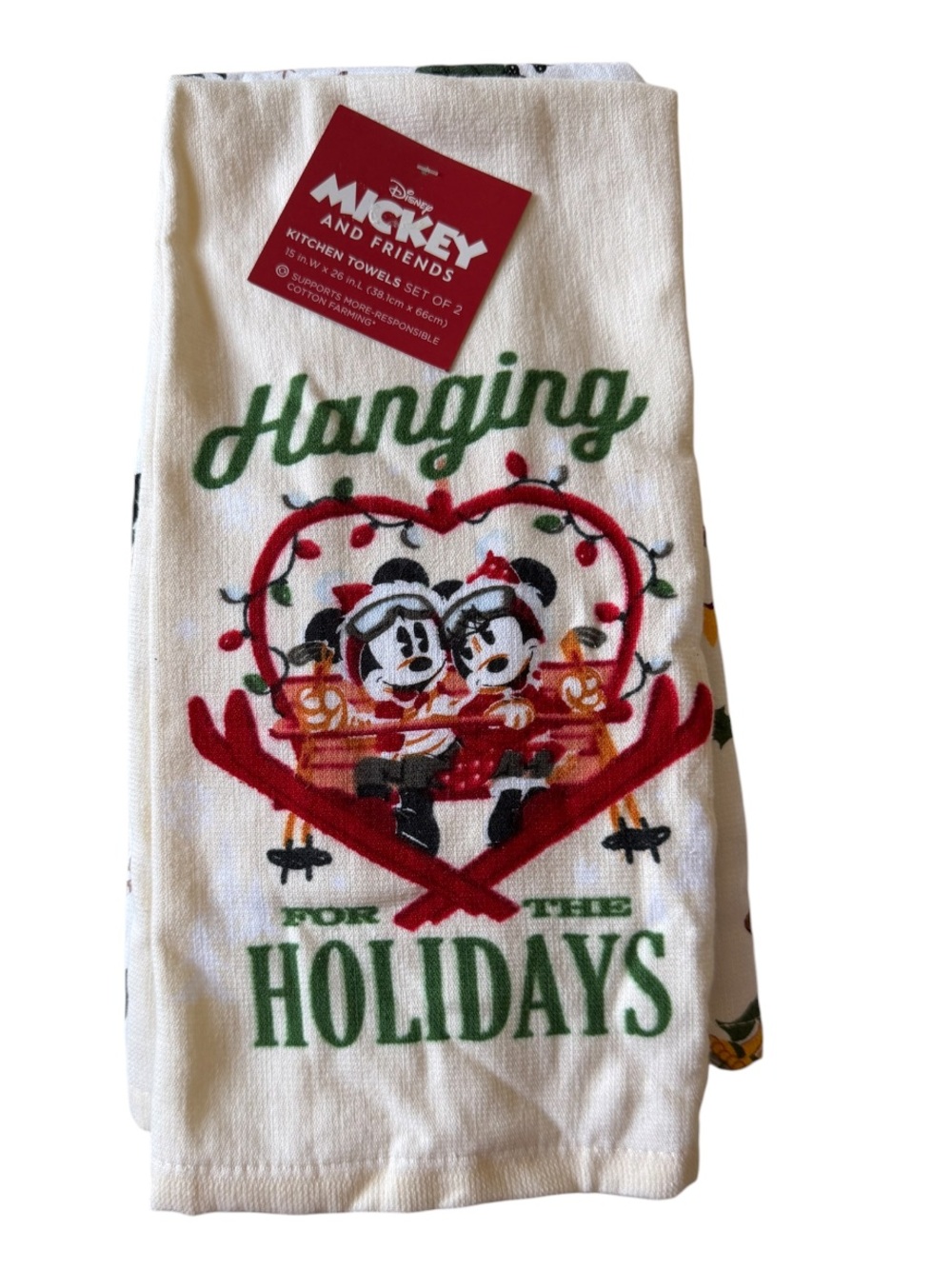Set of Two Disney White Holiday Kitchen Towel with Red & Green Mickey Graphic